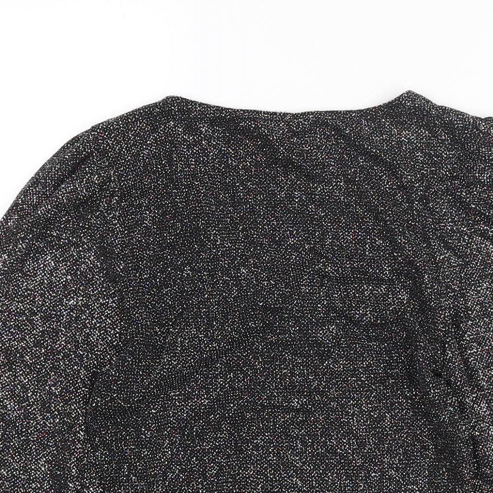 New Look Womens Black Nylon Basic Blouse Size 10 V-Neck - Drawstring Detail Glitter