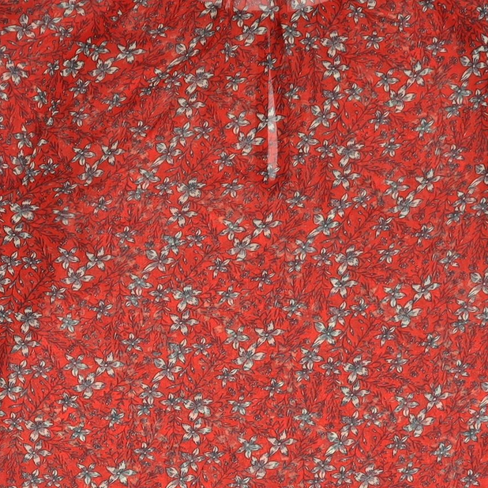 Marks & Spencer Womens Red Floral Polyester Basic Blouse Size 6 Round Neck - Semi Sheer Keyhole Neck