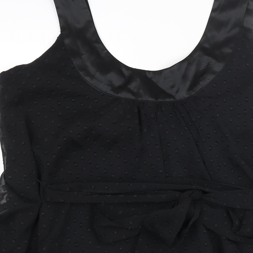 Brand and care label for Miss Selfridge women’s black polyester shift, size UK 12, scoop neck pullover - belted pockets