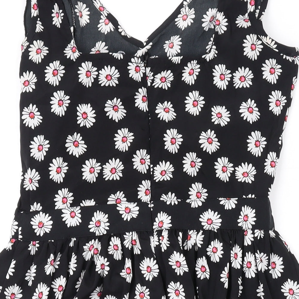 Heart & Soul Womens Black Floral Polyester A-Line Size 8 V-Neck Zip