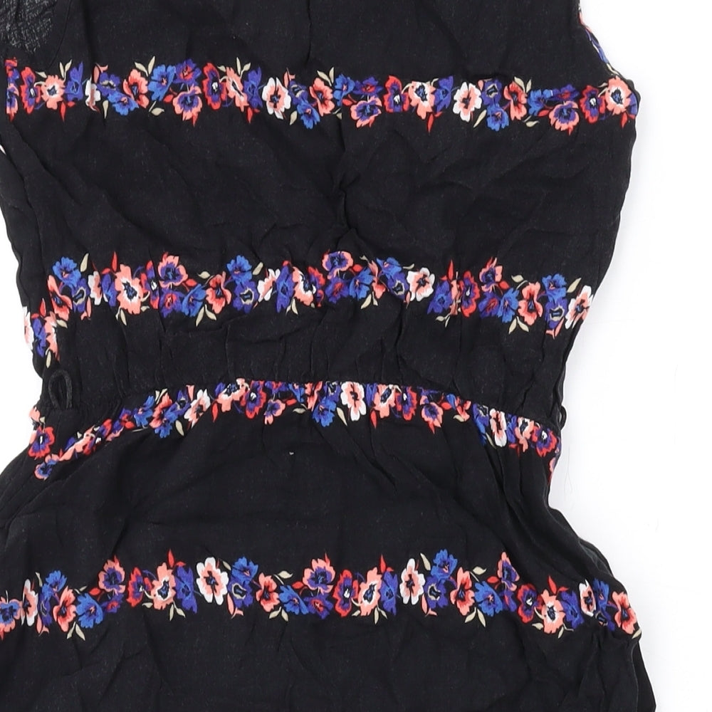 Internacionale Womens Black Floral Viscose A-Line Size 8 Round Neck Button