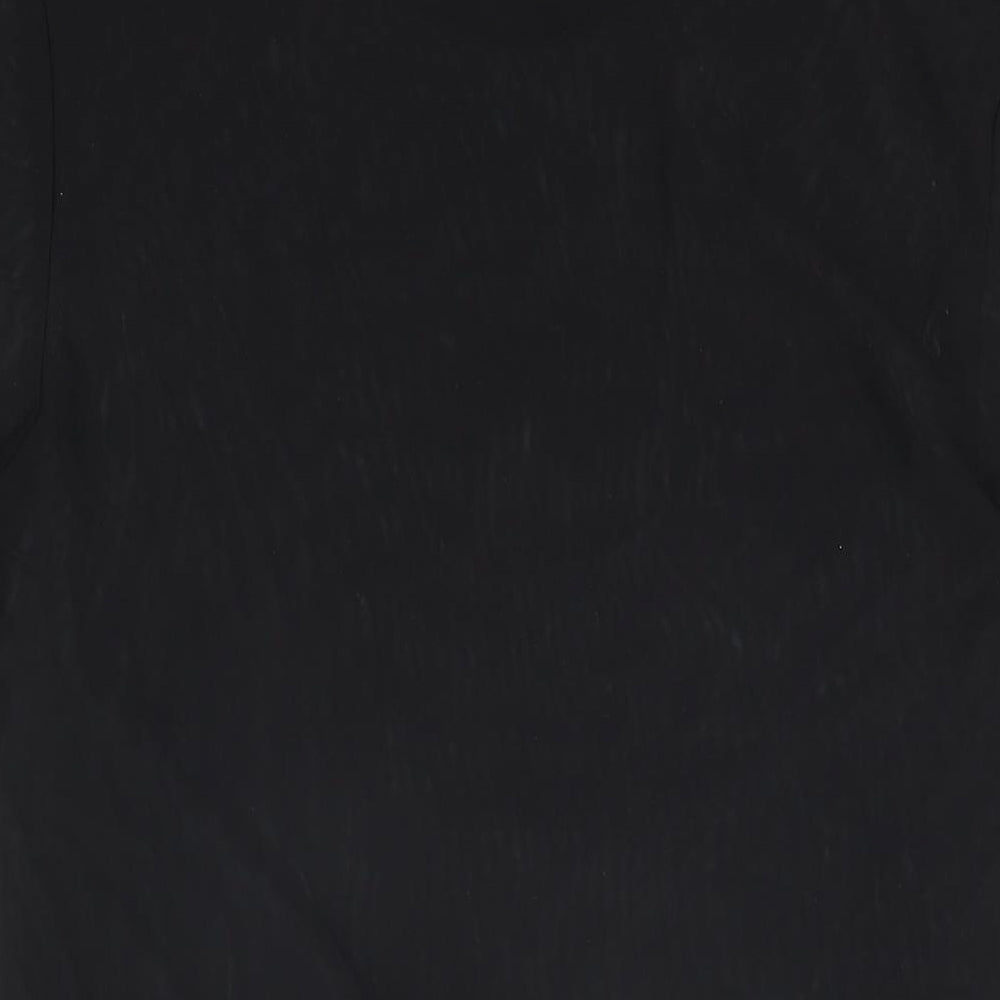 Brand and care label for ASOS women’s black polyester basic t-shirt, size M, round neck - sheer