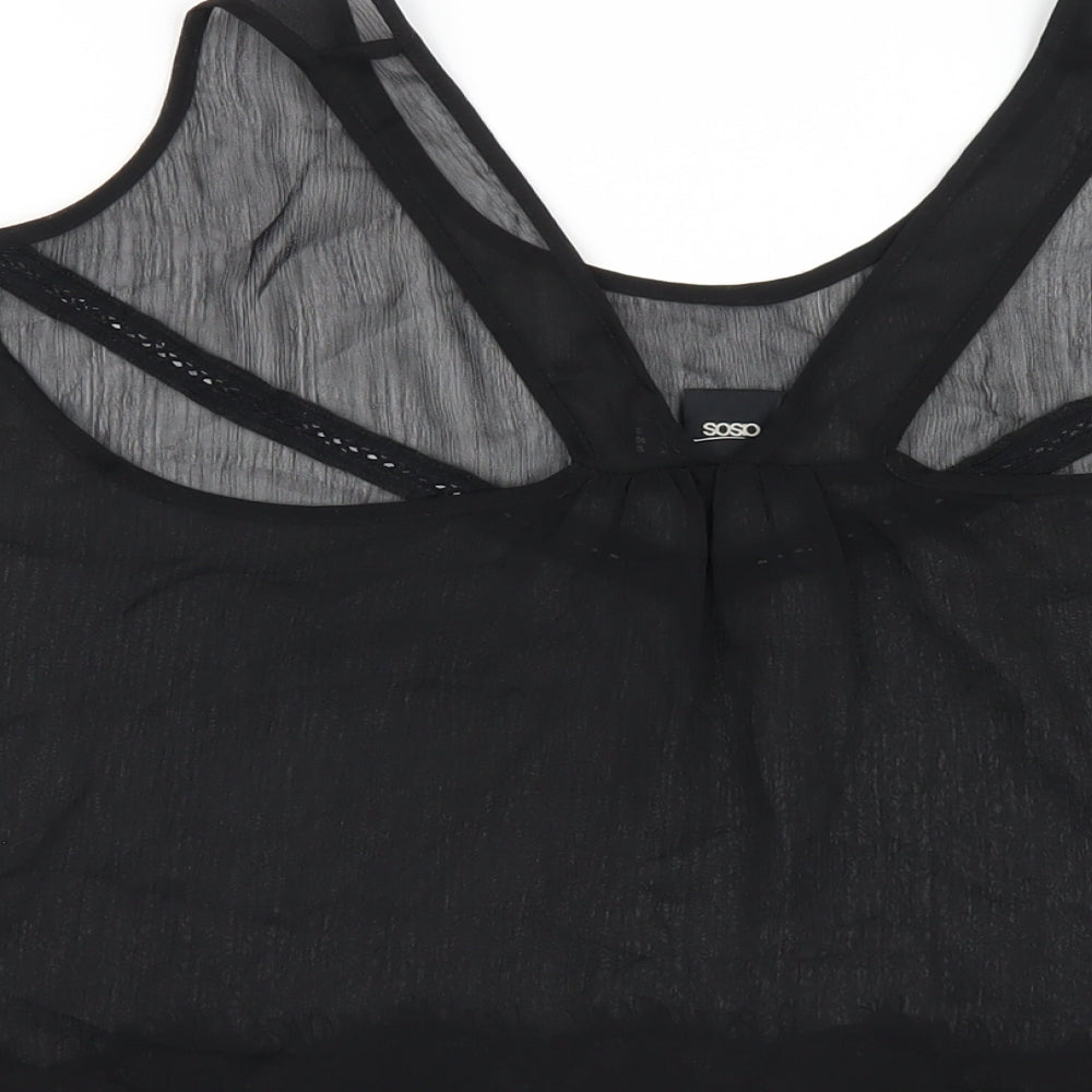 Brand and care label for ASOS women’s black polyester basic t-shirt, size UK 12, round neck - lace trim