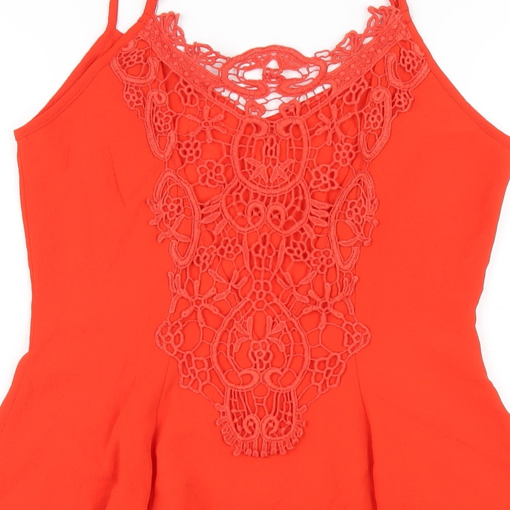 Brand and care label for Miss Selfridge women’s orange polyester a-line, size UK 8, v-neck pullover