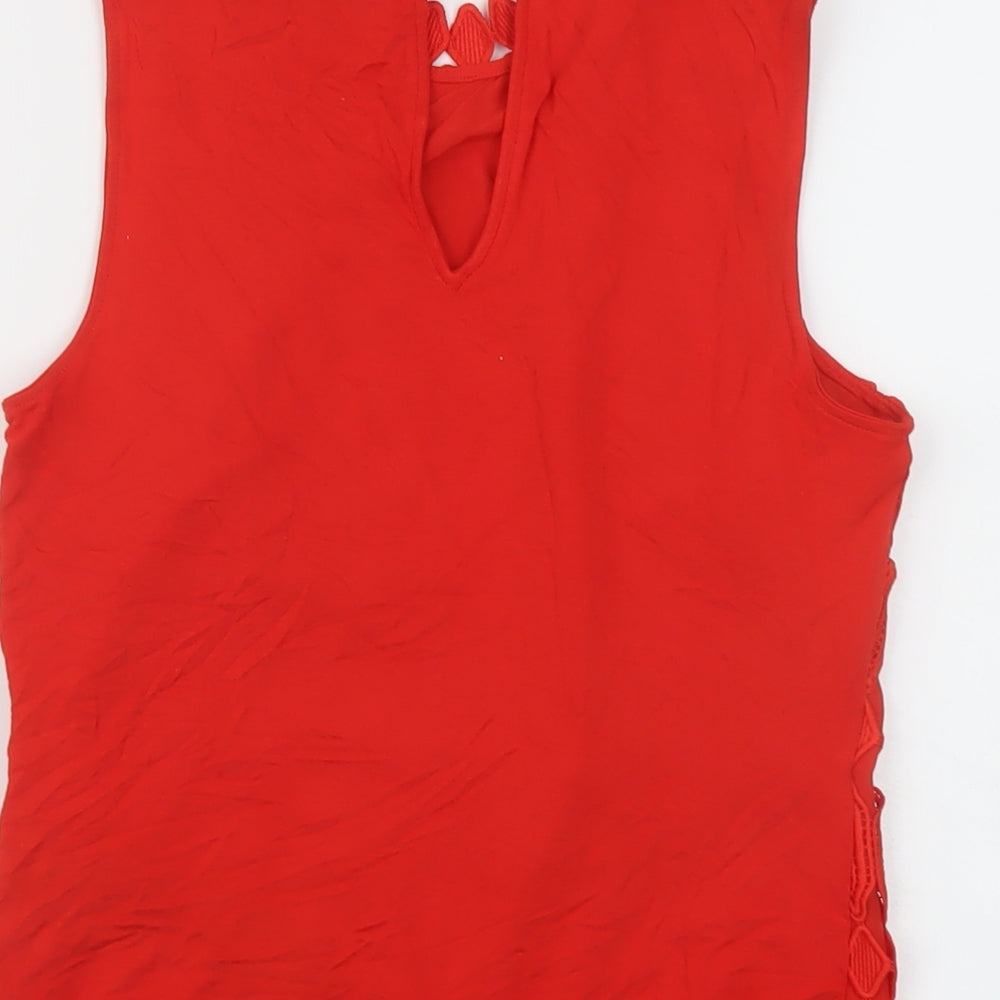 Brand and care label for Principles women’s red polyester basic t-shirt, size UK 6, mock neck