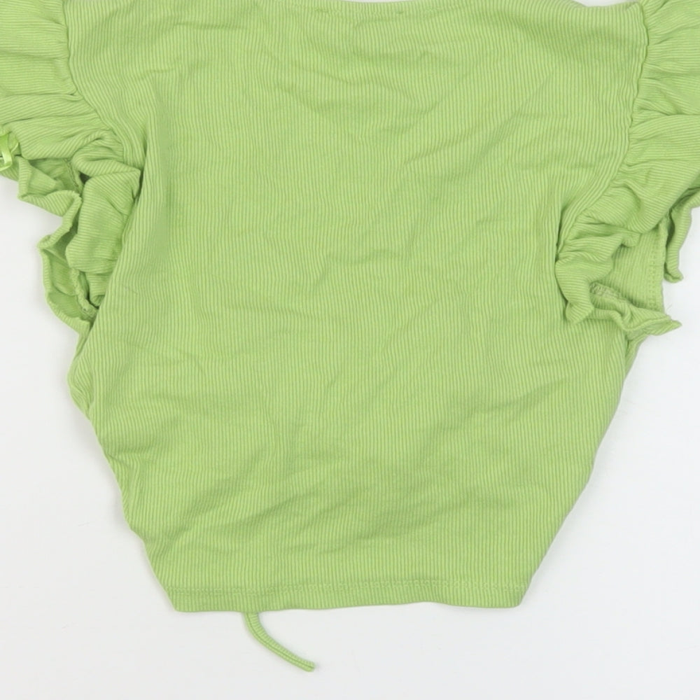 Zara Womens Green Cotton Cropped T-Shirt Size S V-Neck