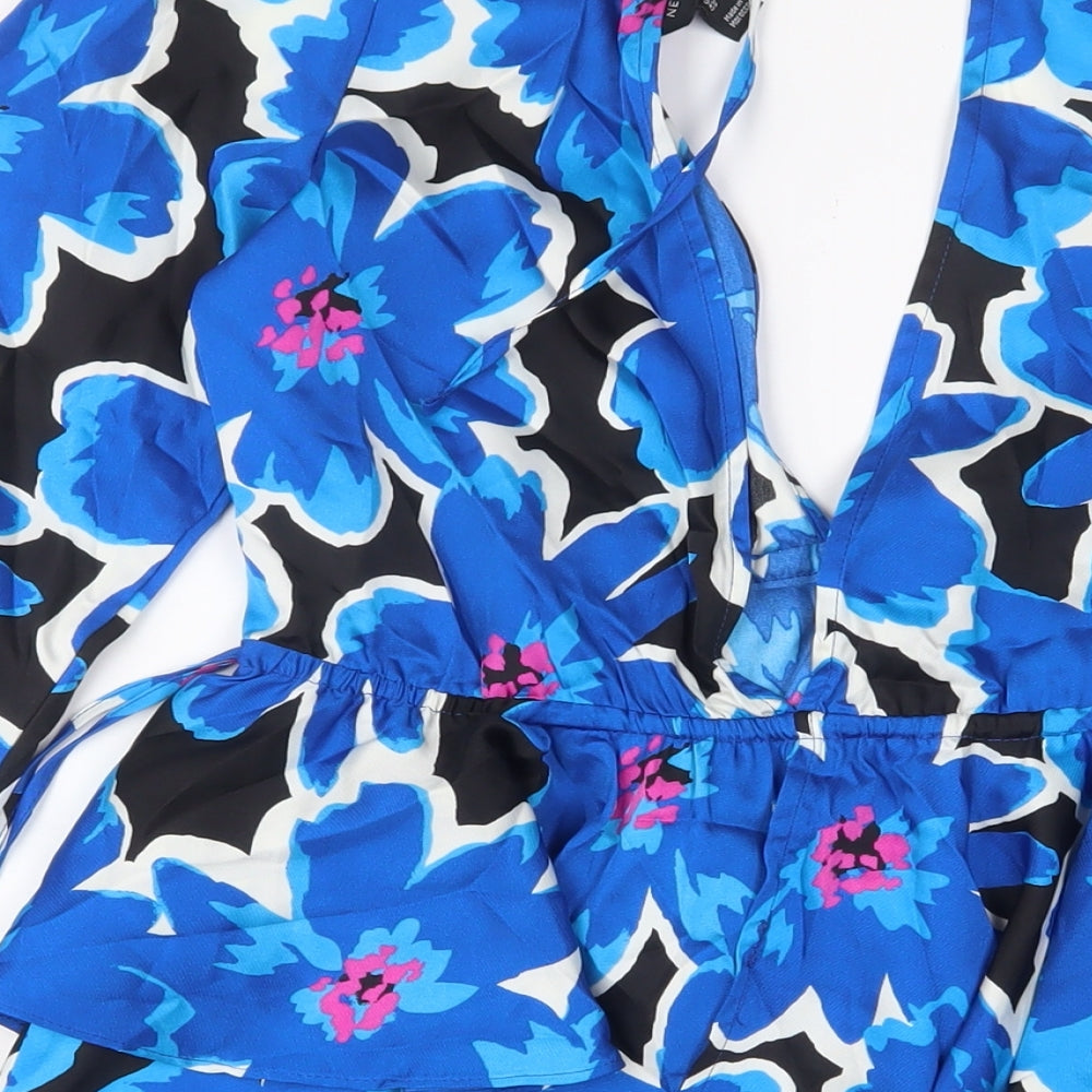 New Look Womens Blue Floral Polyester A-Line Size 12 V-Neck Tie