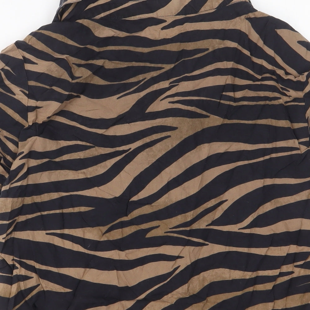 Brand and care label for ASOS women’s brown animal print viscose basic button-up, size UK 8, collared