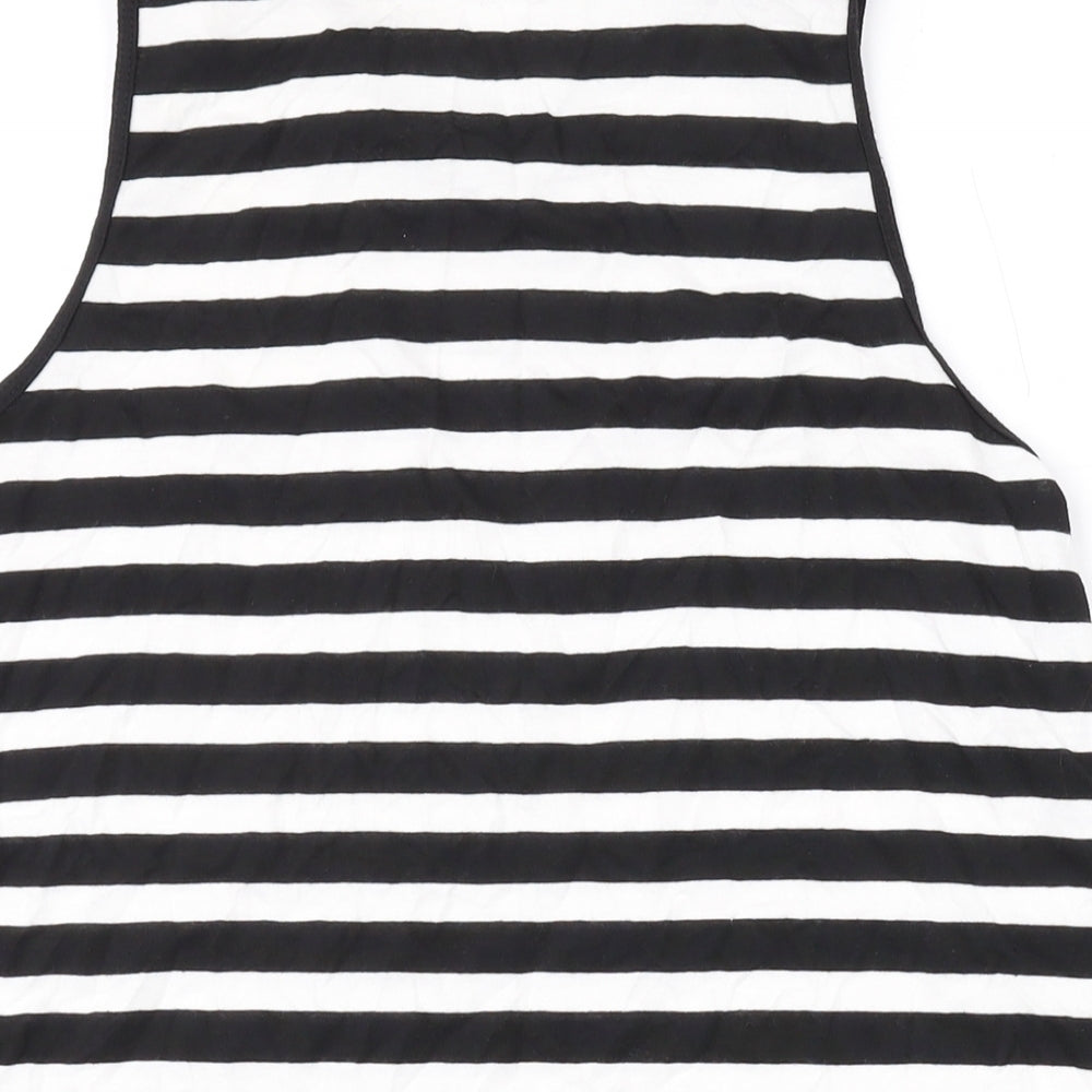 Brand and care label for ASOS women’s black striped polyester basic tank, size UK 8, round neck