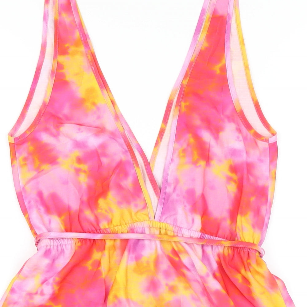 Brand and care label for ASOS women’s multicoloured tie dye polyester tank dress, size UK 8, v-neck pullover