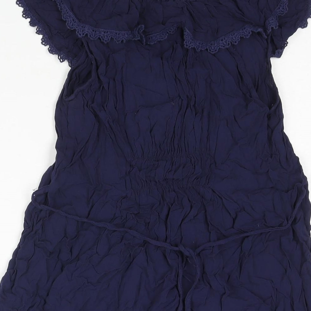 New Look Womens Blue Viscose Mini Size 12 Round Neck Pullover - Lace Trim Belted