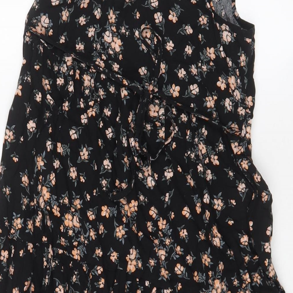 New Look Womens Black Floral Viscose A-Line Size 6 V-Neck Pullover - Belted