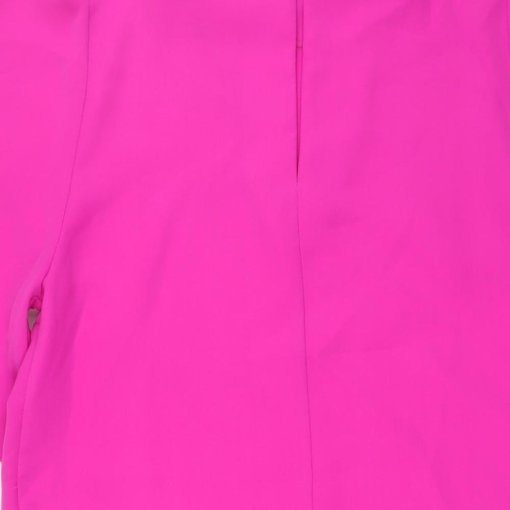 Brand and care label for Miss Selfridge women’s pink polyester a-line, size UK 12, boat neck button