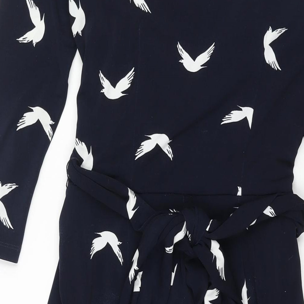 Phase Eight Womens Blue Geometric Polyester Shift Size 8 V-Neck Zip - Belted Bird Print