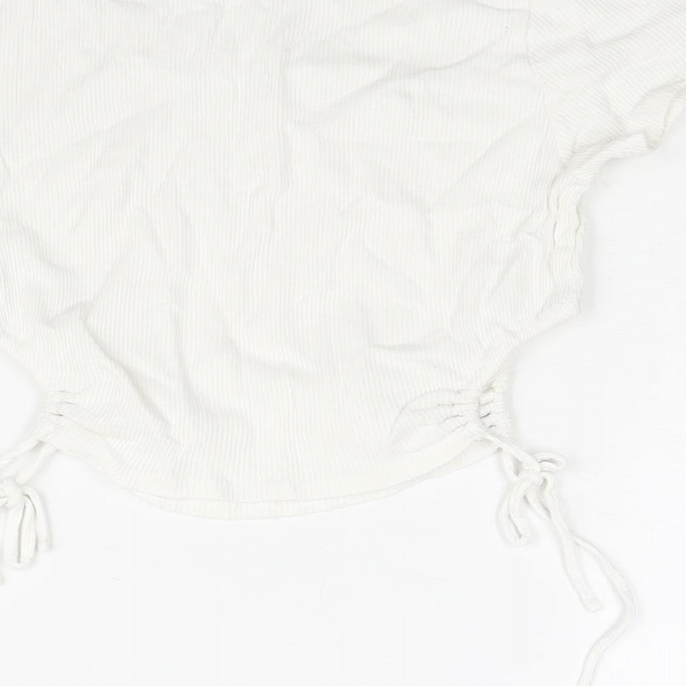 Divided by H&M Womens White Cotton Cropped T-Shirt Size S Round Neck - Drawstring Cut Out