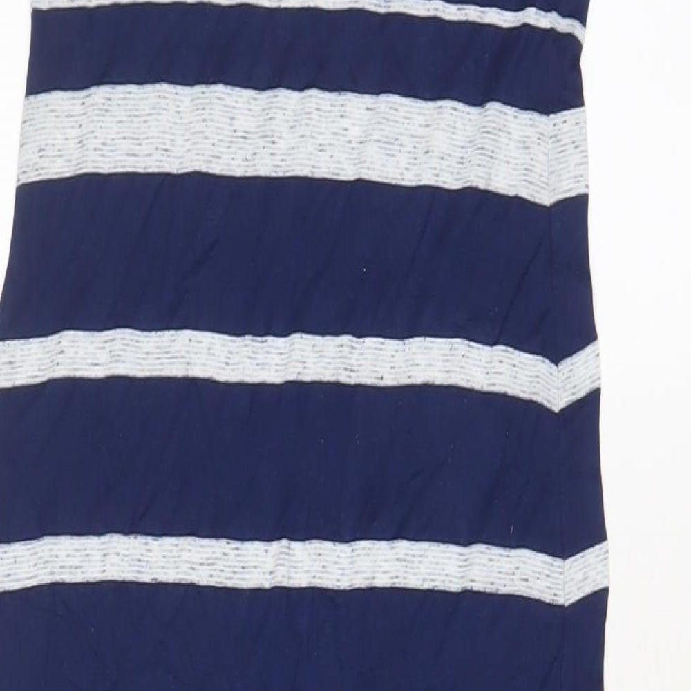 Warehouse Womens Blue Striped Linen A-Line Size 8 Scoop Neck Pullover