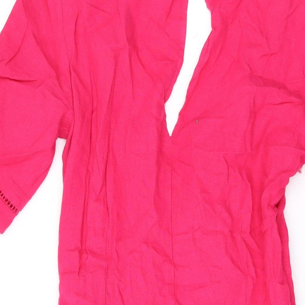 Zara Womens Pink Linen A-Line Size S V-Neck Zip