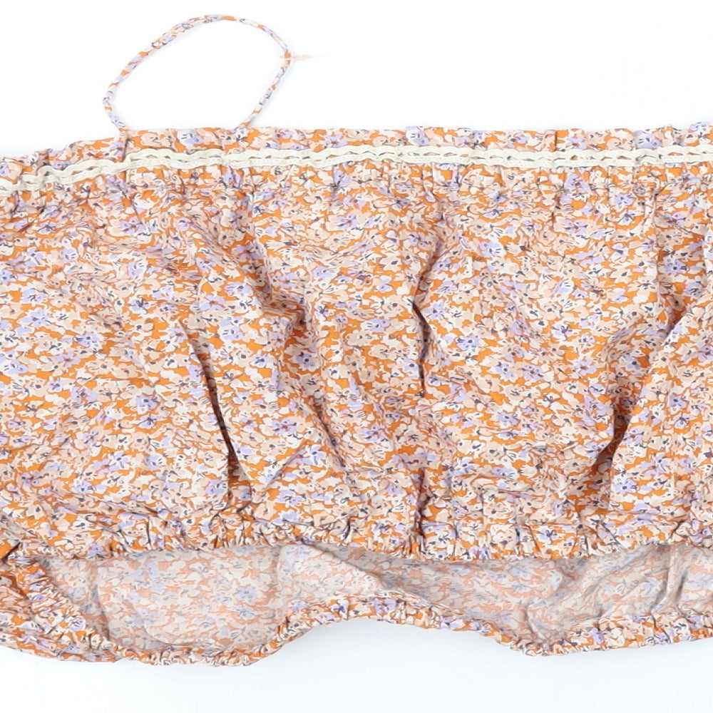 Zara Womens Orange Floral Cotton Cropped Blouse Size L Square Neck