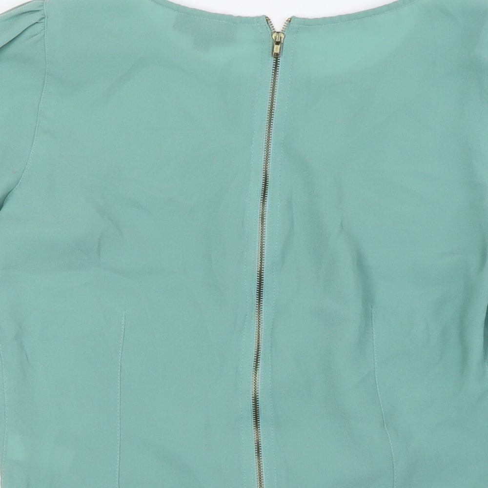 Topshop Womens Green Polyester Basic Blouse Size 8 Round Neck - Zip Sleeves