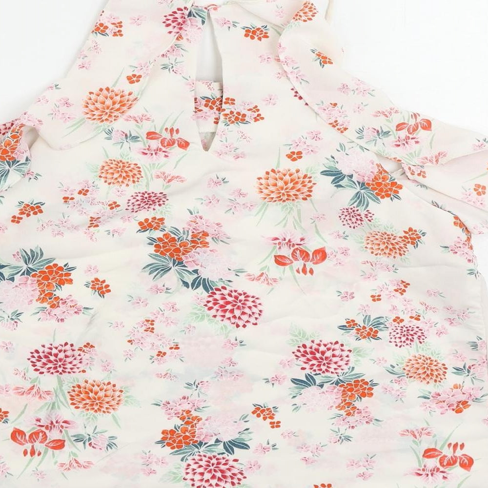 New Look Womens White Floral Polyester Basic Blouse Size 10 Square Neck - Ruffle