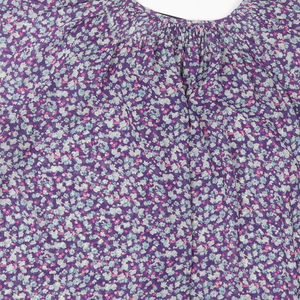 Zara Womens Purple Floral Polyester Basic T-Shirt Size L Collared - Keyhole neck