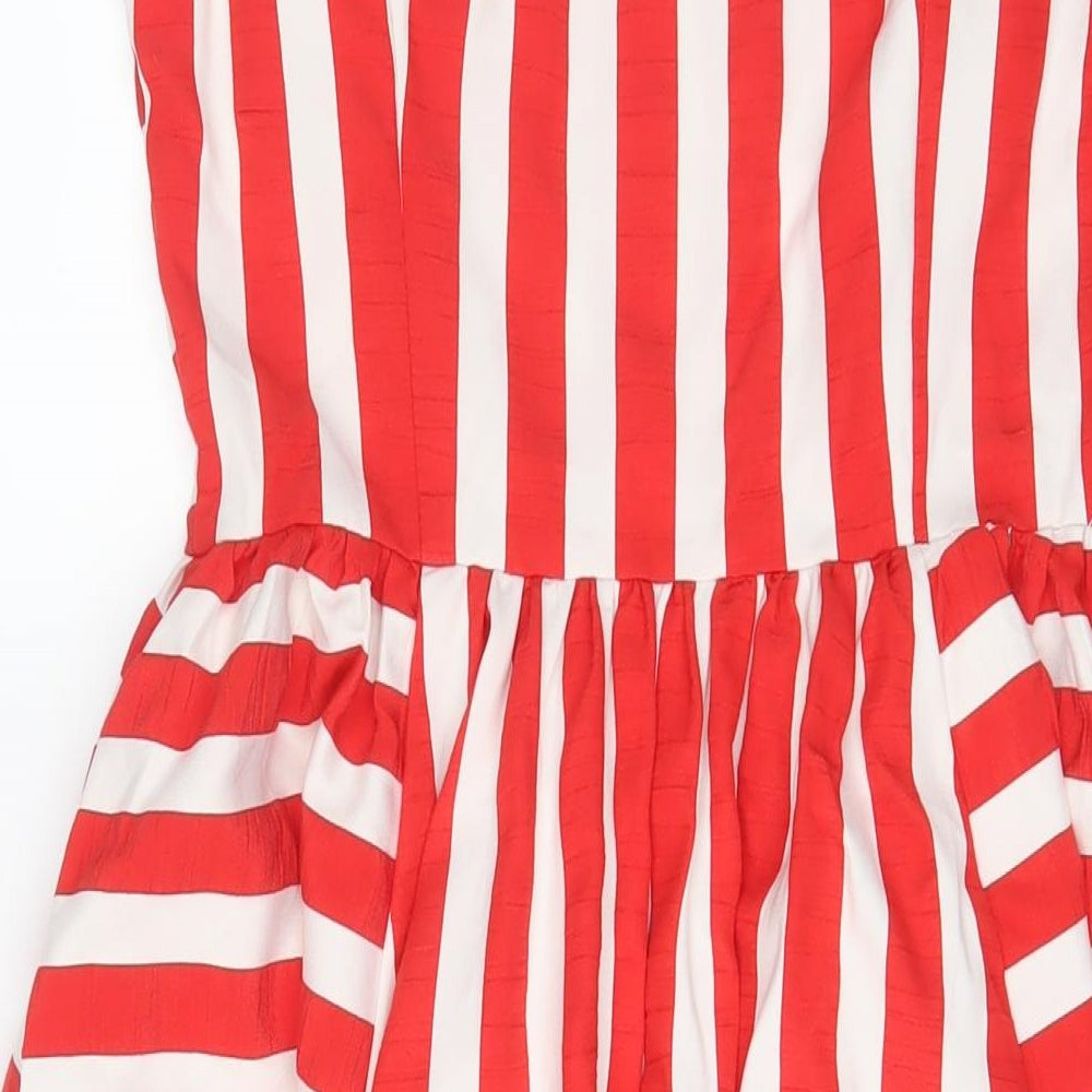 Marina Kaneva Womens Red Striped Polyester A-Line Size 12 Scoop Neck Pullover