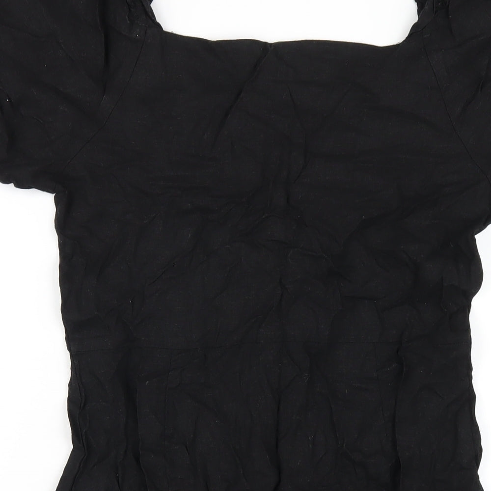 New Look Womens Black Linen A-Line Size 10 Square Neck Button