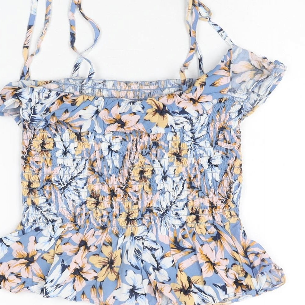 New Look Womens Blue Floral Viscose Cropped T-Shirt Size 8 Square Neck