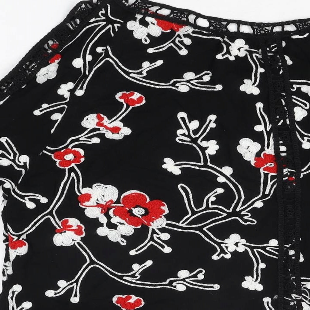Klass Womens Black Floral Acrylic Basic T-Shirt Size L Round Neck