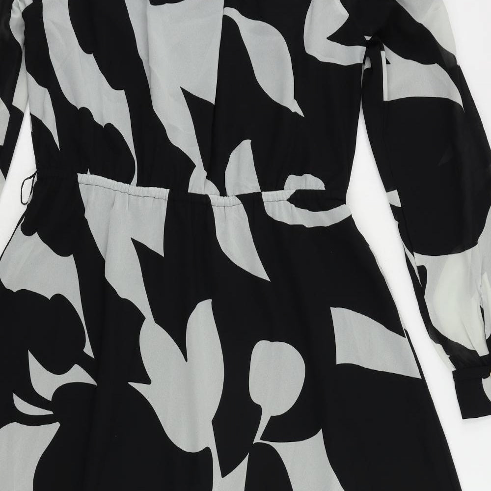 H&M Womens Black Geometric Polyester A-Line Size M Round Neck Button