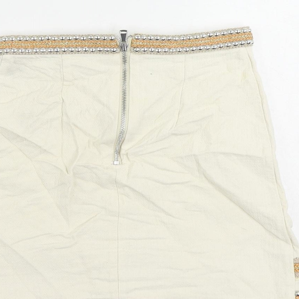 River Island Womens Ivory Cotton Mini Skirt Size 6 Zip - Beaded