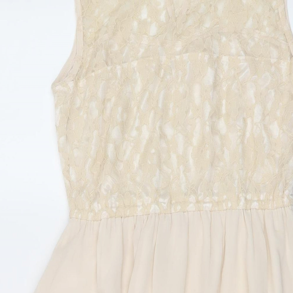 H&M Womens Beige Polyester A-Line Size 10 Round Neck Button