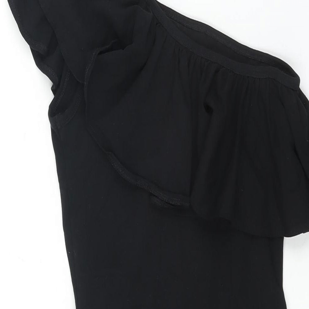 Brand and care label for Miss Selfridge women’s black polyester bodycon, size UK 6, one shoulder pullover - frill