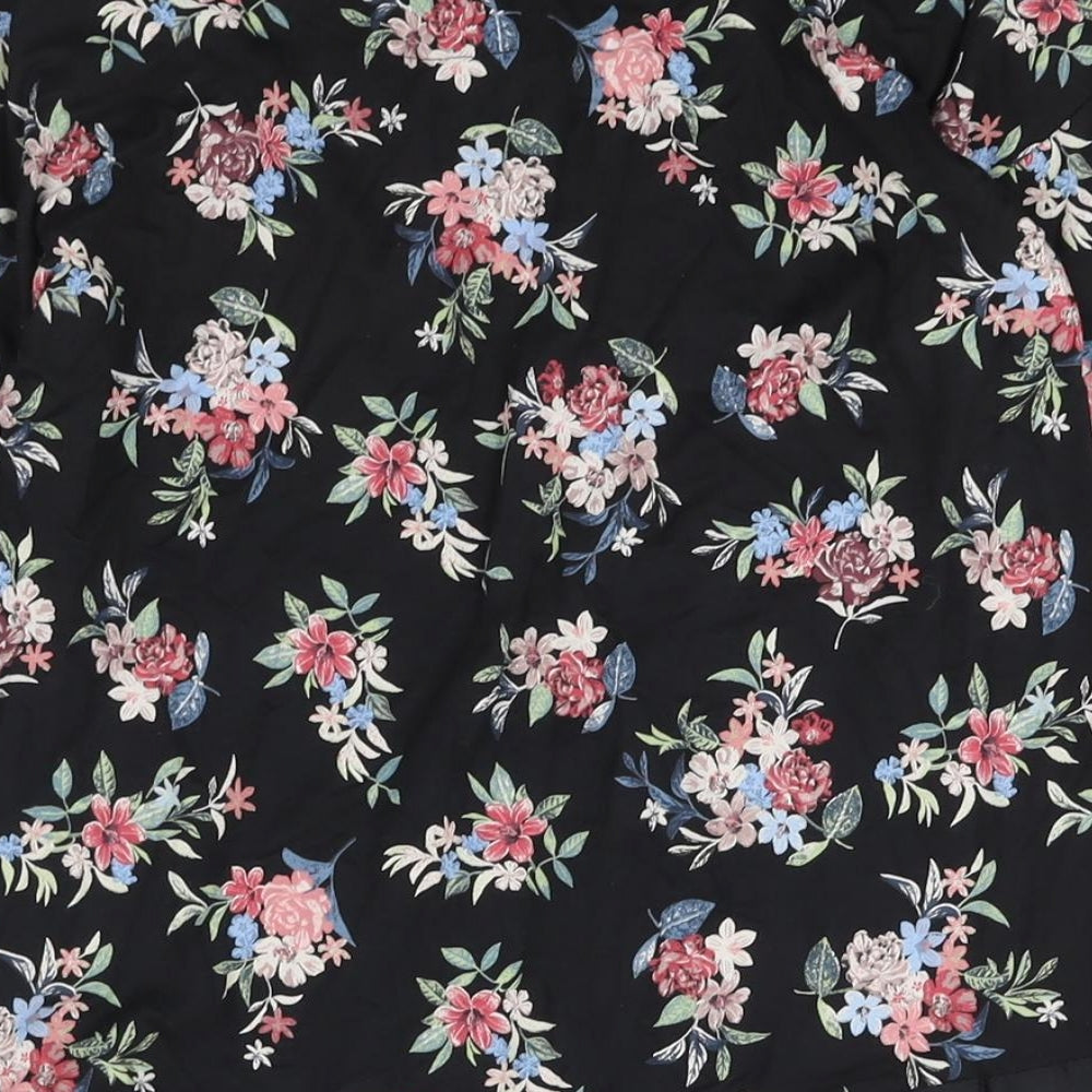 Marks & Spencer Womens Black Floral Viscose Basic Blouse Size 10 Round Neck - Tie Detail