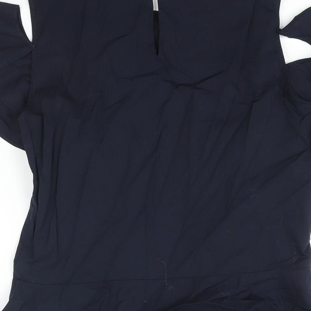 Marks & Spencer Womens Blue Cotton Basic Blouse Size 6 Round Neck - Frill Shoulder Cut Out