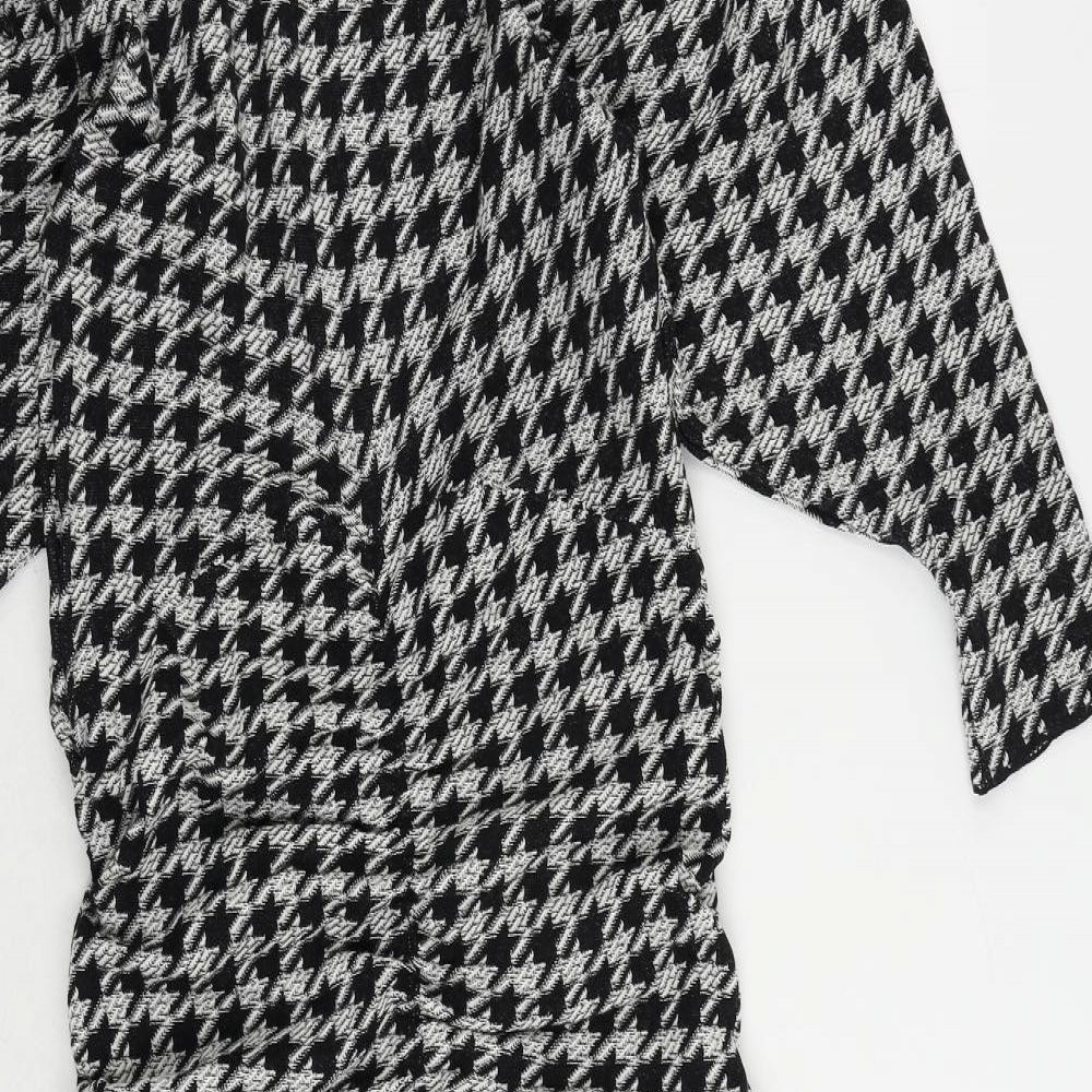 Zara Womens Black Geometric Viscose Sheath Size S Mock Neck Pullover - Ruched