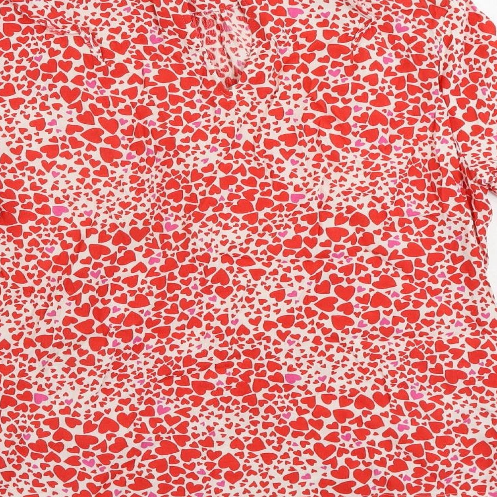 Oasis Womens Red Geometric Viscose Basic Blouse Size 10 Mock Neck - Heart Pattern