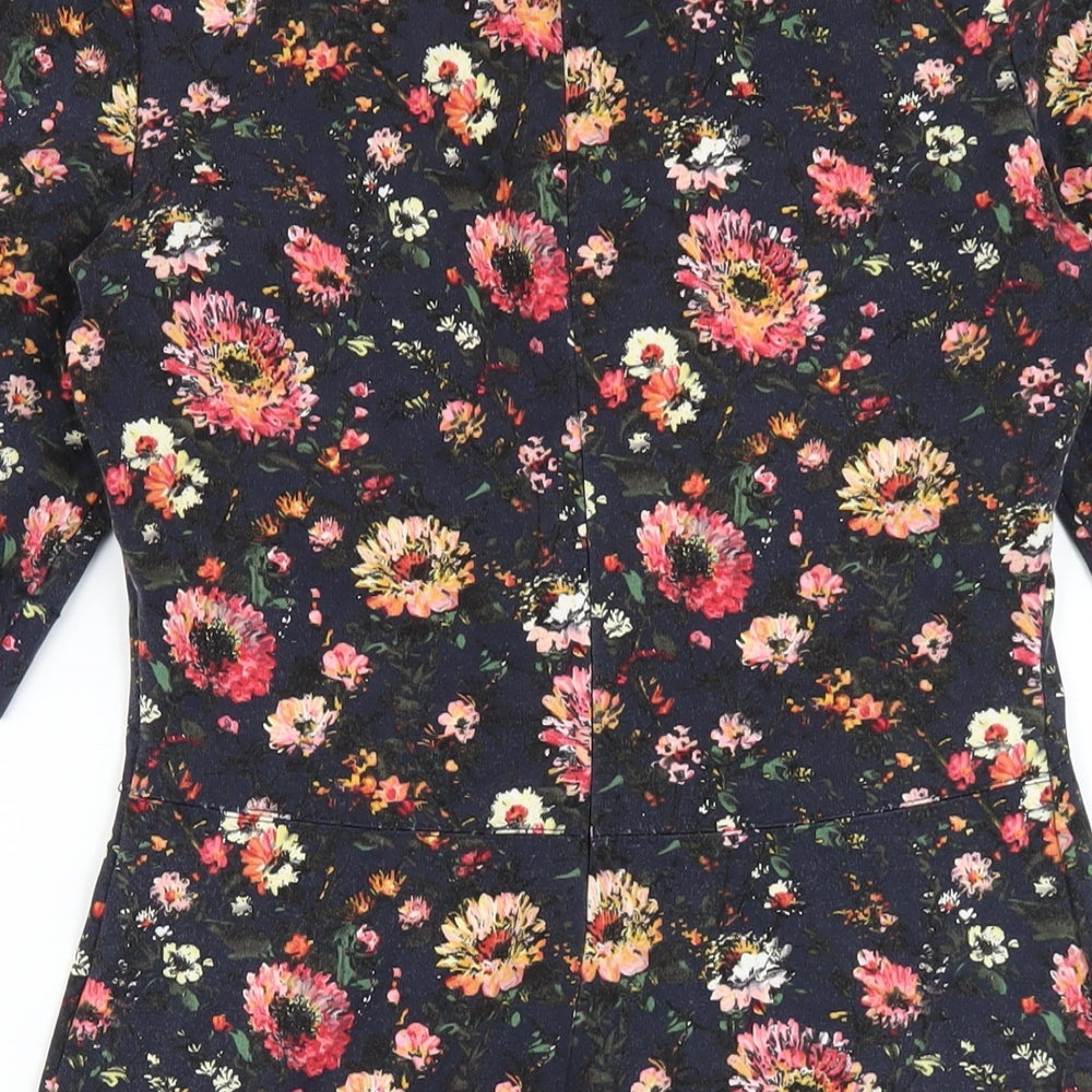 Warehouse Womens Blue Floral Viscose A-Line Size 10 Round Neck Zip