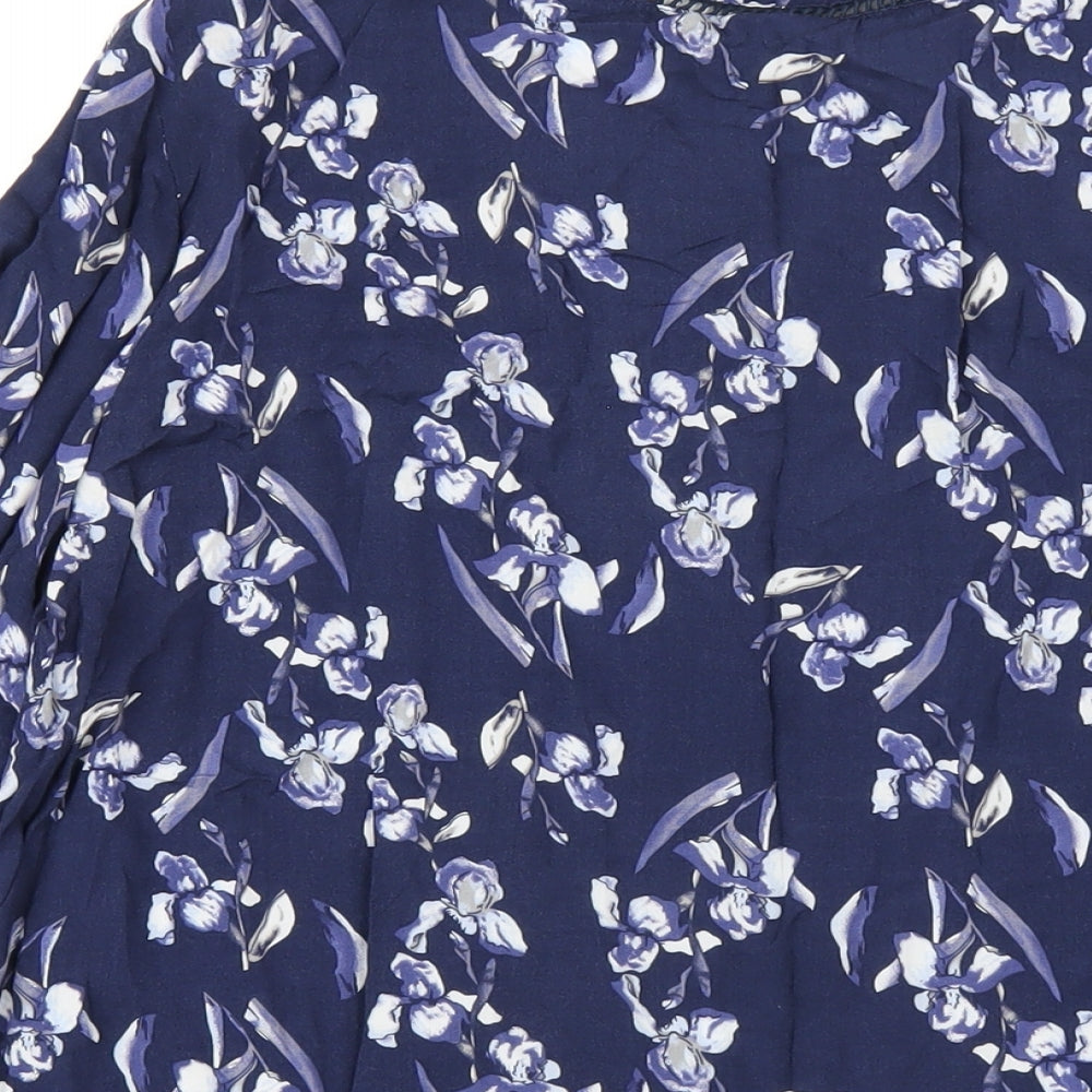 Fransa Womens Blue Floral Viscose Basic Button-Up Size M Round Neck