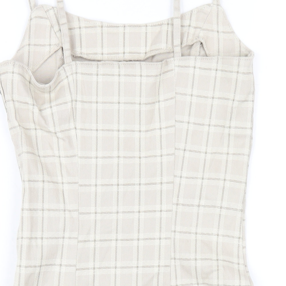 H&M Womens Beige Plaid Cotton Bodycon Size 8 Square Neck Zip