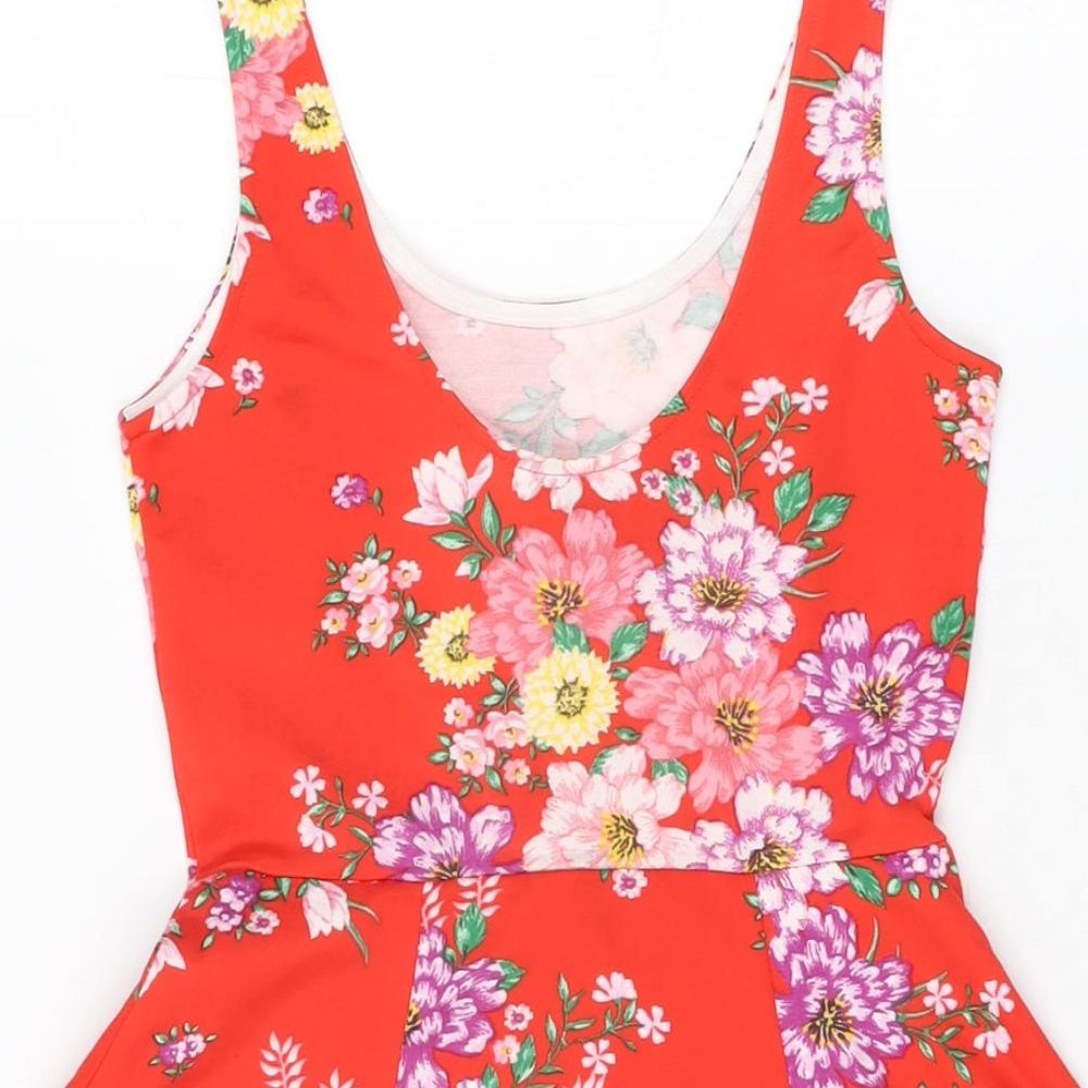 H&M Womens Red Floral Polyester Skater Dress Size 6 Scoop Neck Pullover