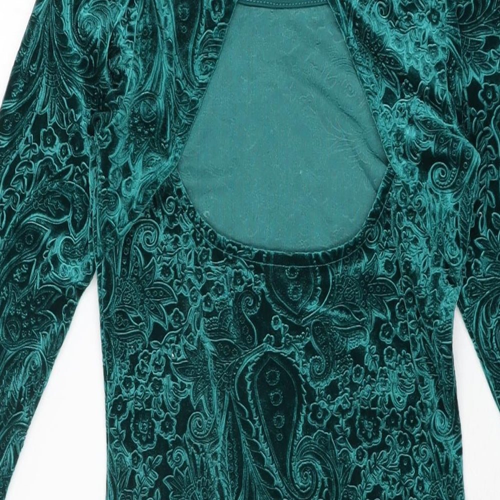 Miss Selfridge Womens Green Geometric Polyester Bodycon Size 8 Round Neck Button