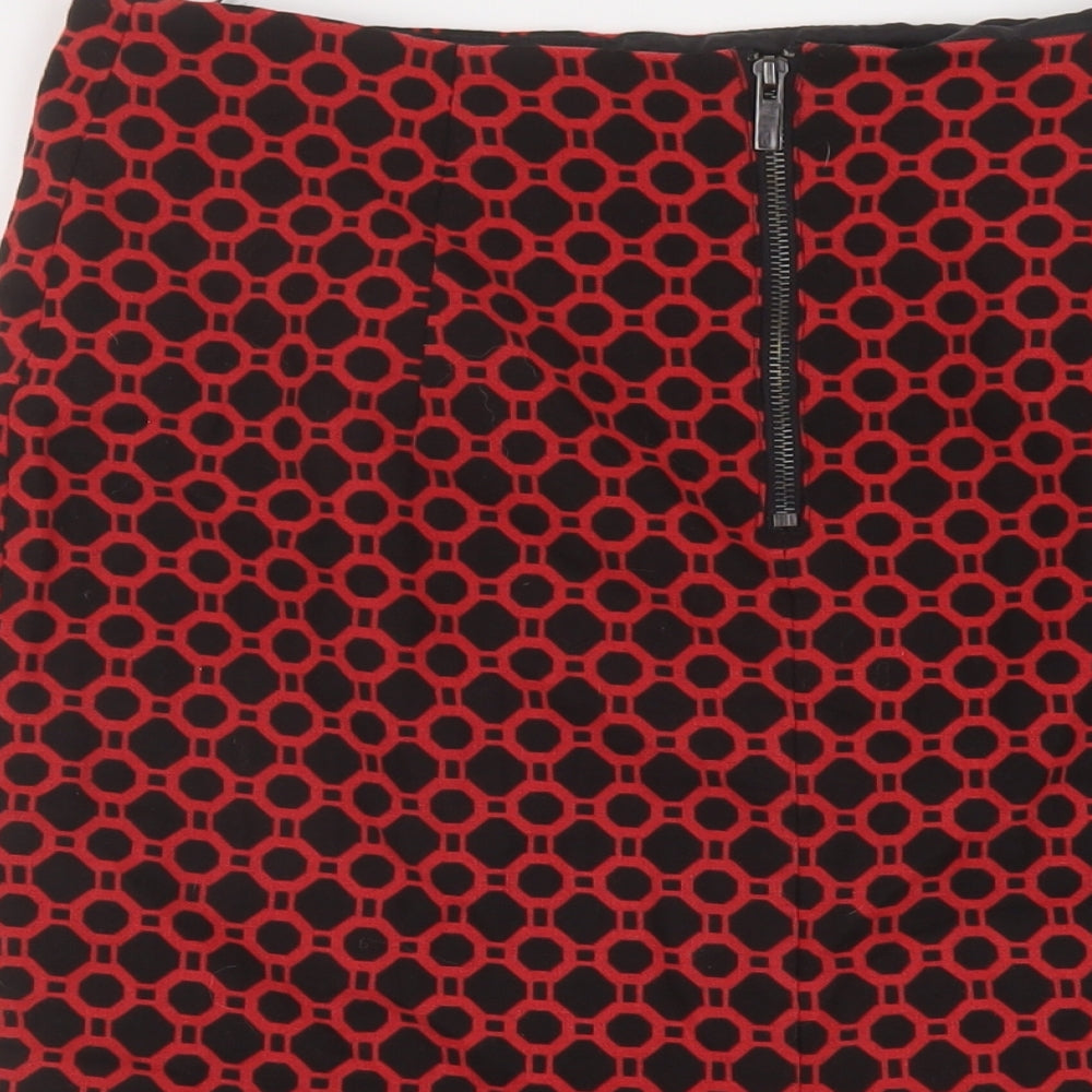 Marks & Spencer Womens Red Geometric Cotton Straight & Pencil Skirt Size 10 Zip