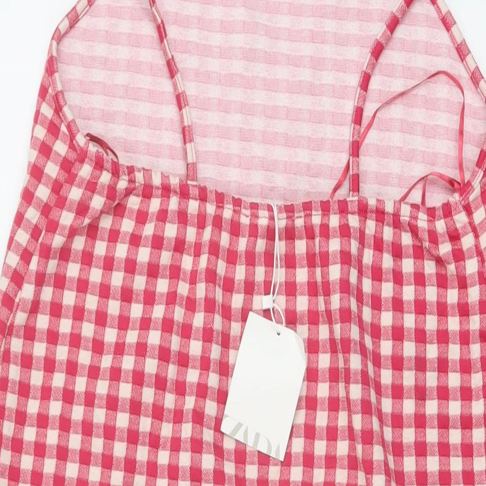Zara Womens Pink Check Cotton Mini Size M Square Neck Pullover