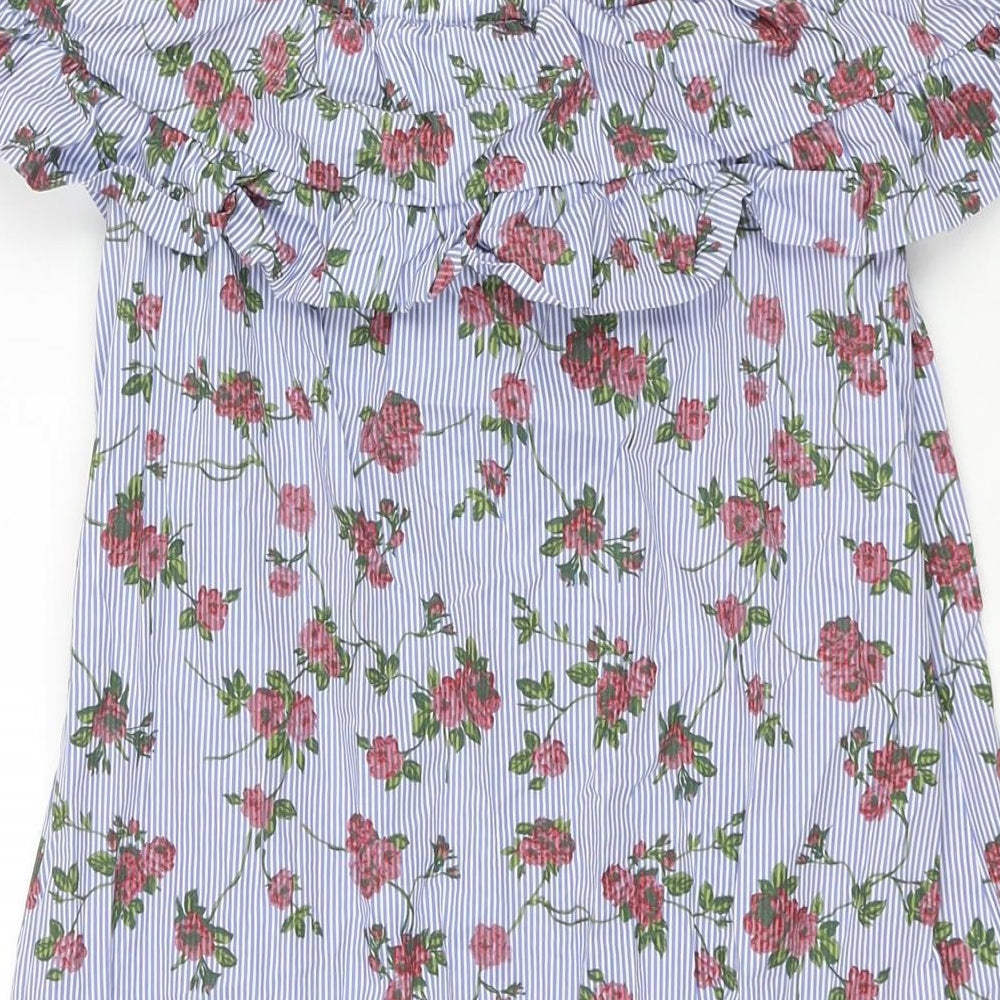 Stradivarius Womens Blue Geometric Cotton Mini Size S Boat Neck Pullover - Stripe Floral Print Fril