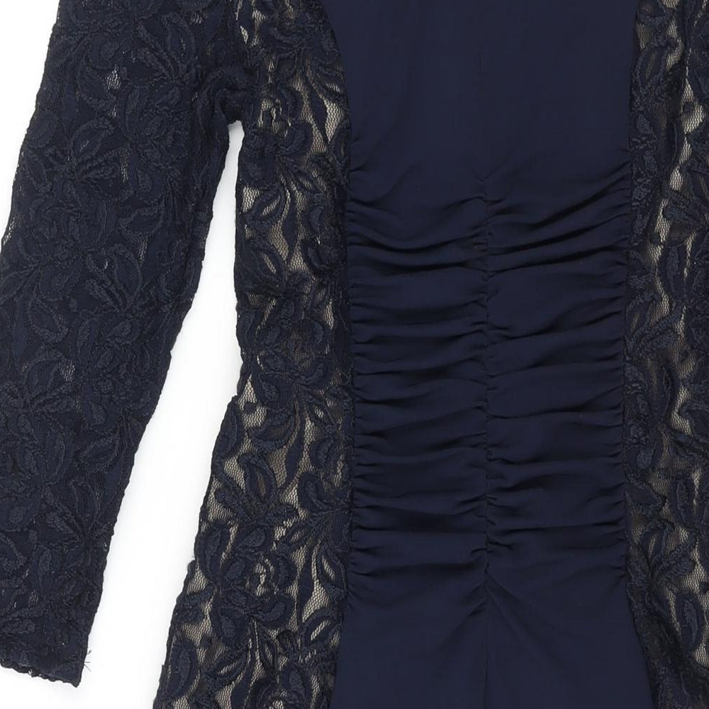 Phase Eight Womens Blue Polyester Bodycon Size 8 Round Neck Zip - Lace Panelling Rouched