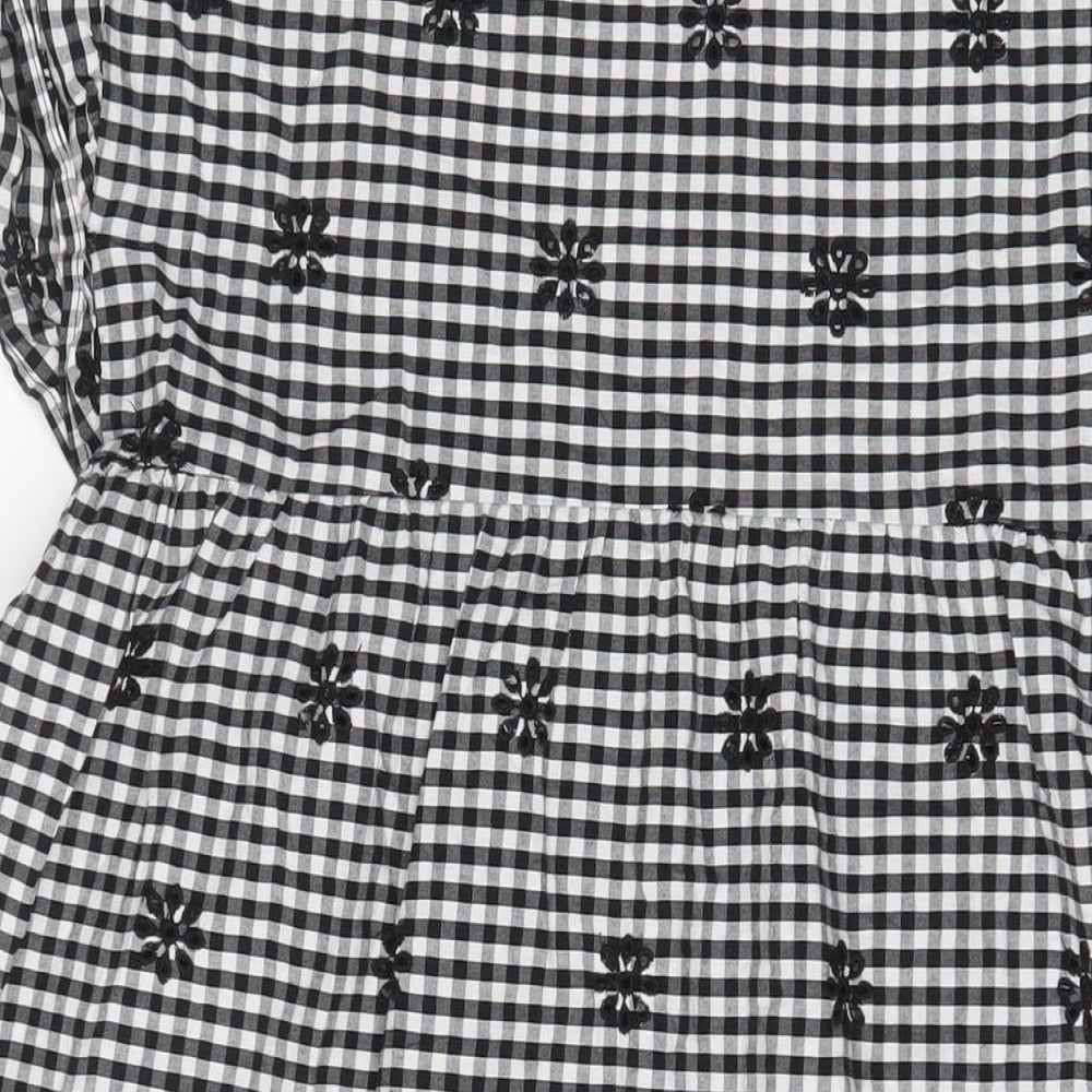 Zara Womens Black Plaid Cotton A-Line Size M Crew Neck Button - Embroidered
