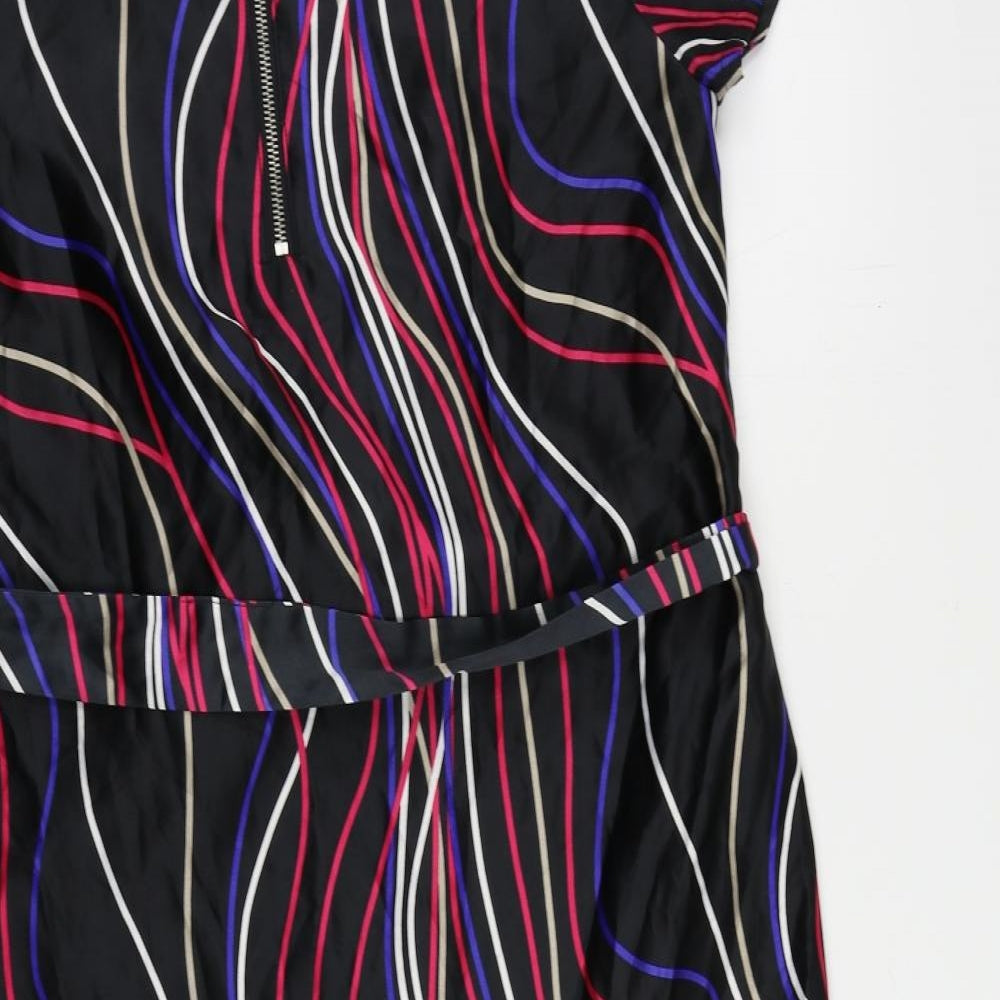Marks & Spencer Womens Black Geometric Polyester Sheath Size 16 Boat Neck Zip - Belted