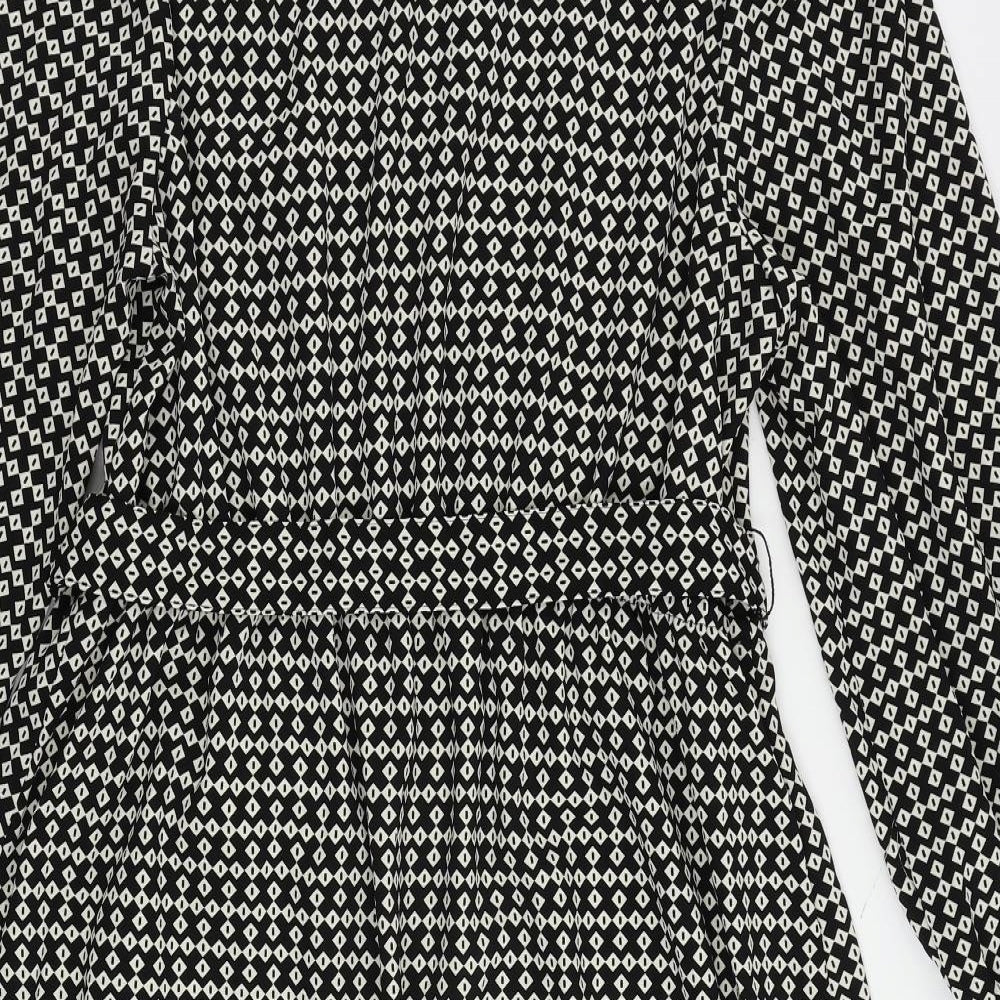 Marks & Spencer Womens Black Geometric Polyester Shirt Dress Size 14 Collared Tie