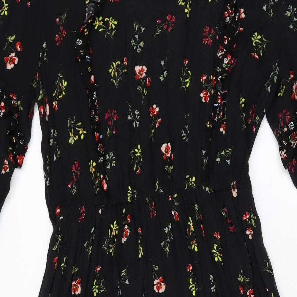 Marks & Spencer Womens Black Floral Viscose A-Line Size 8 Round Neck Button